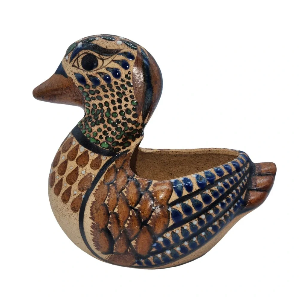 Mexican Tonala Pottery Duck Planter Figurine Bird Mexico Folk Art Signed